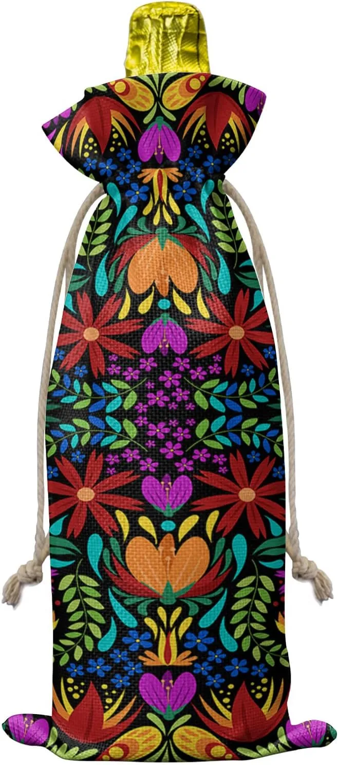 10 Pack Wine Bottle Bags, Colorful Spring Floral Wine Bottle Cover with Drawstring, Ethnic Mexican Vibrant Colored Gift Bag for Champagne, Wedding, Birthday, Party