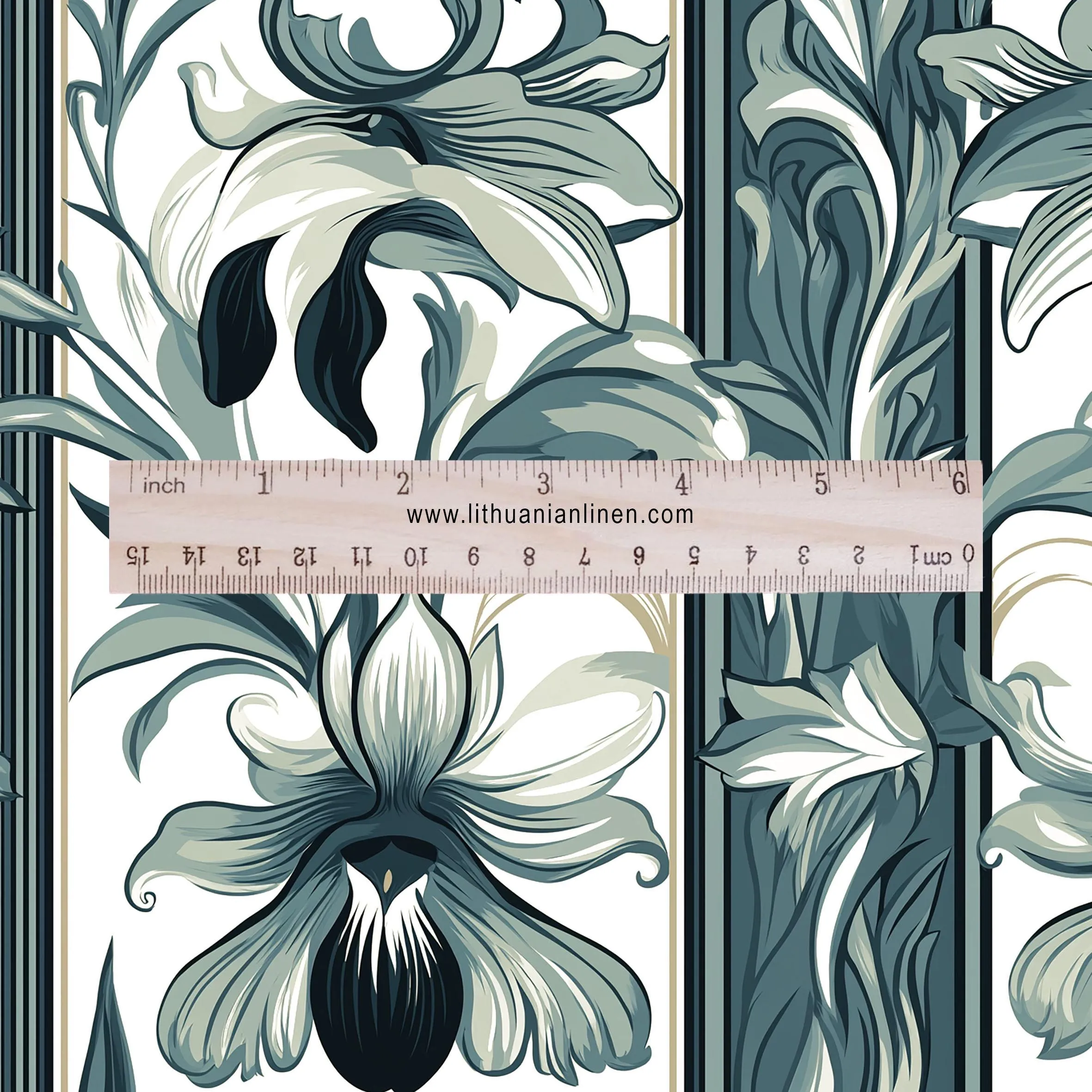 100% LINEN Fabric Art Noveau floral - narcissus botanical green white 2418