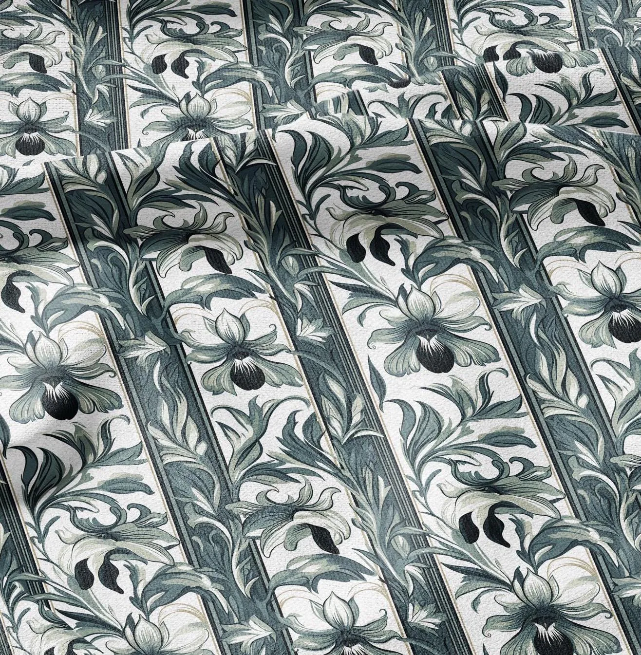 100% LINEN Fabric Art Noveau floral - narcissus botanical green white 2418