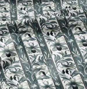 100% LINEN Fabric Art Noveau floral - narcissus botanical green white 2418