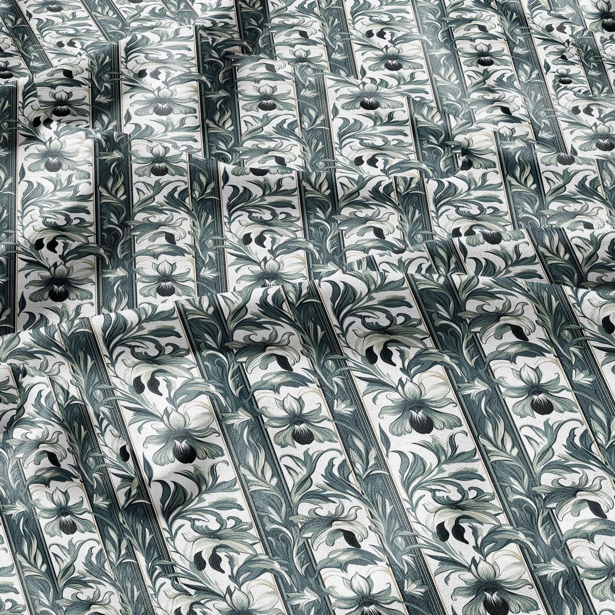 100% LINEN Fabric Art Noveau floral - narcissus botanical green white 2418