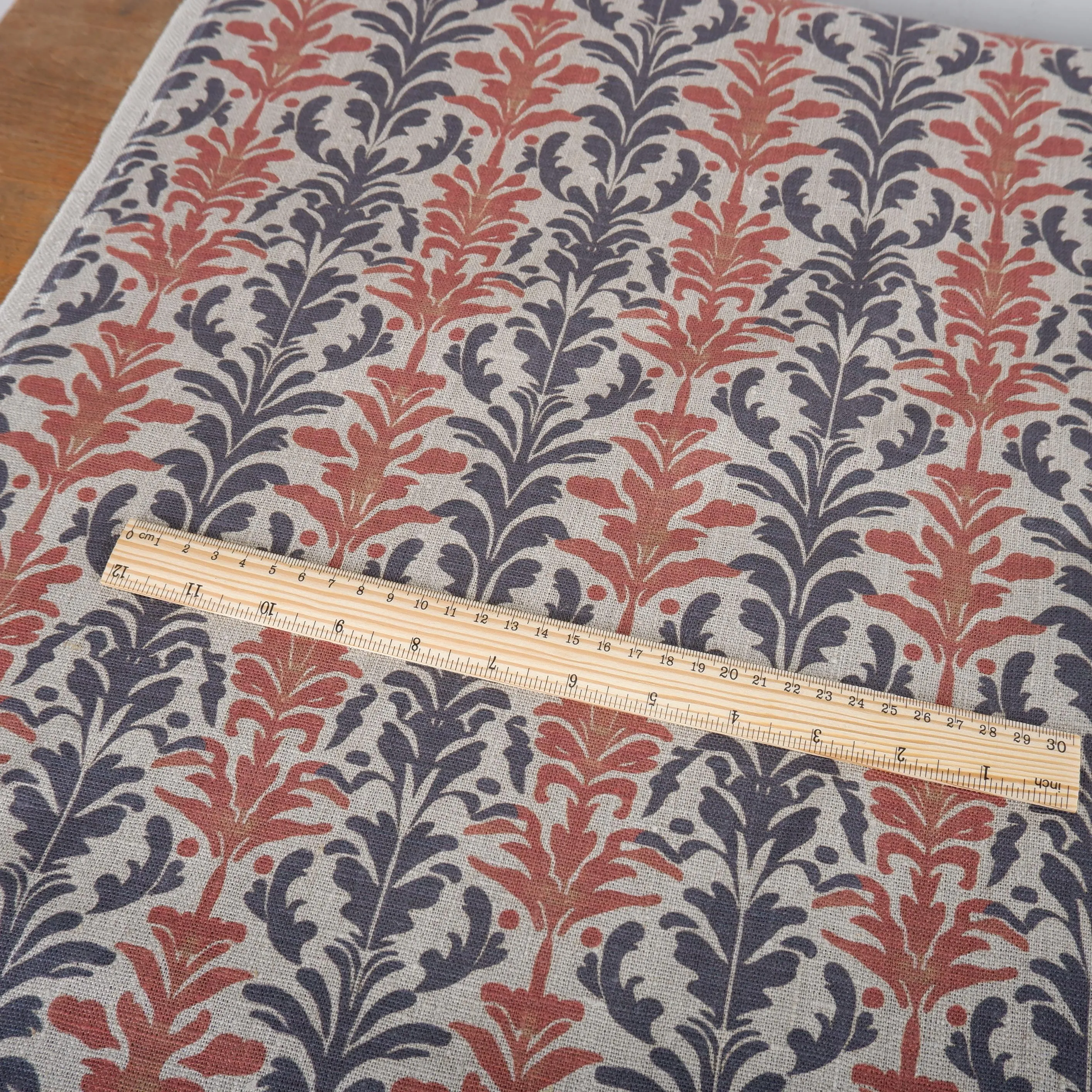 100% LINEN Fabric block print on oatmeal linen - red grey 2241