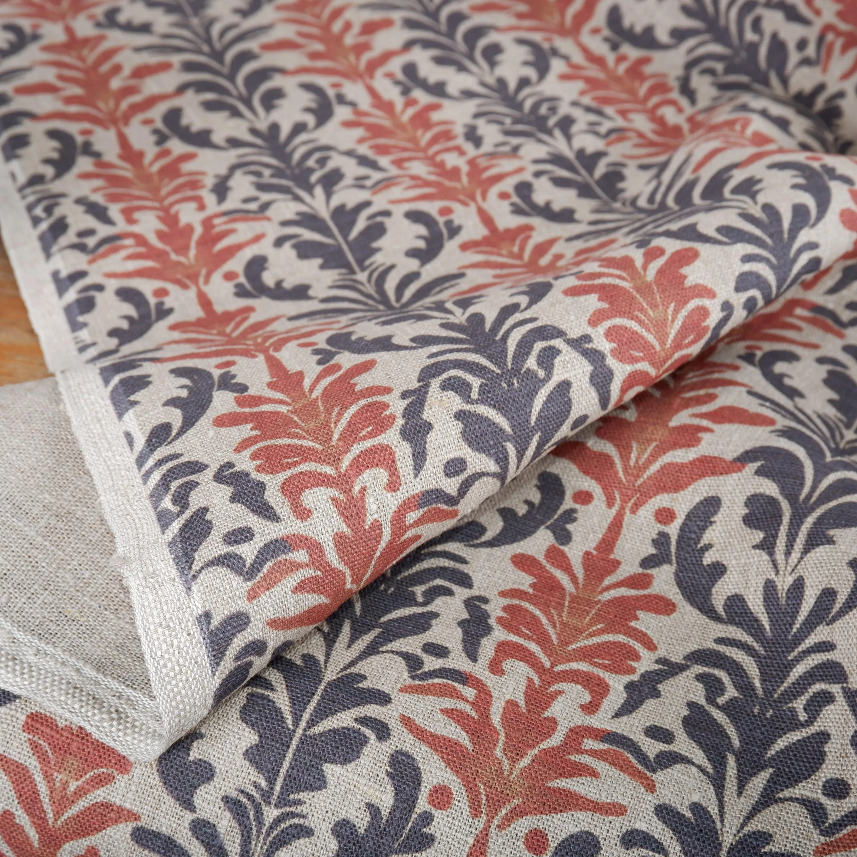 100% LINEN Fabric block print on oatmeal linen - red grey 2241