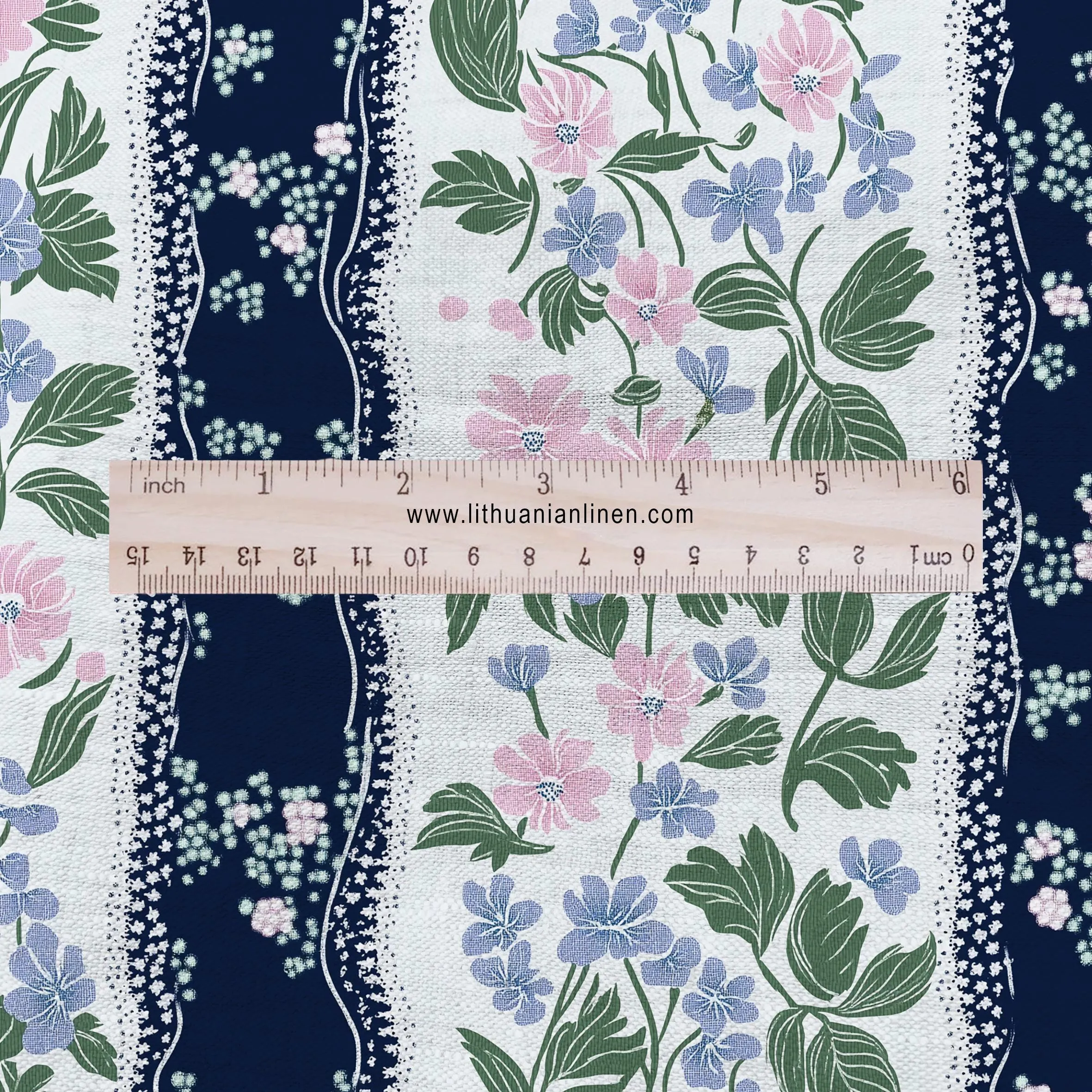 100% LINEN Fabric floral navy blue stripe print - 2202