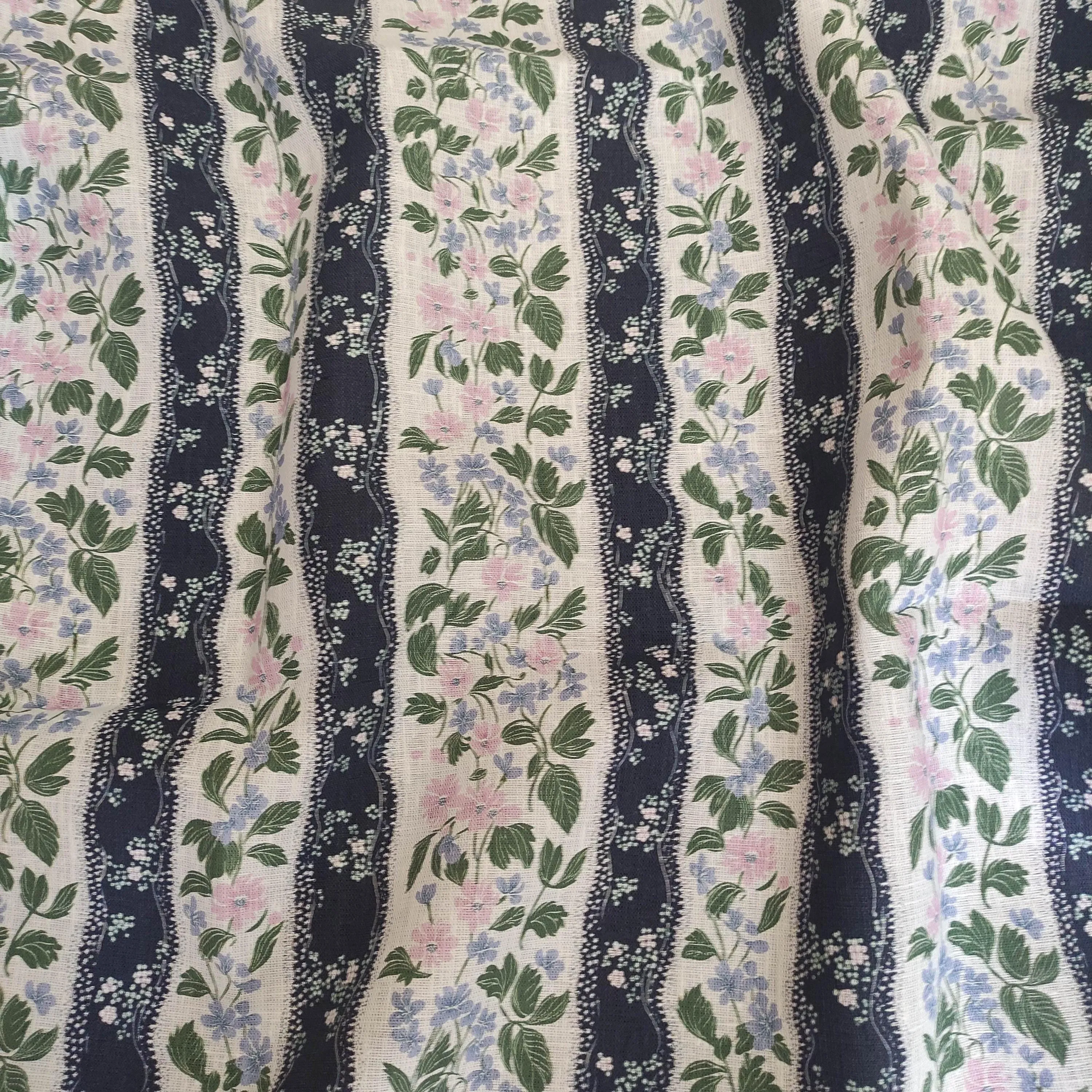 100% LINEN Fabric floral navy blue stripe print - 2202