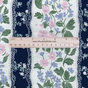 100% LINEN Fabric floral navy blue stripe print - 2202