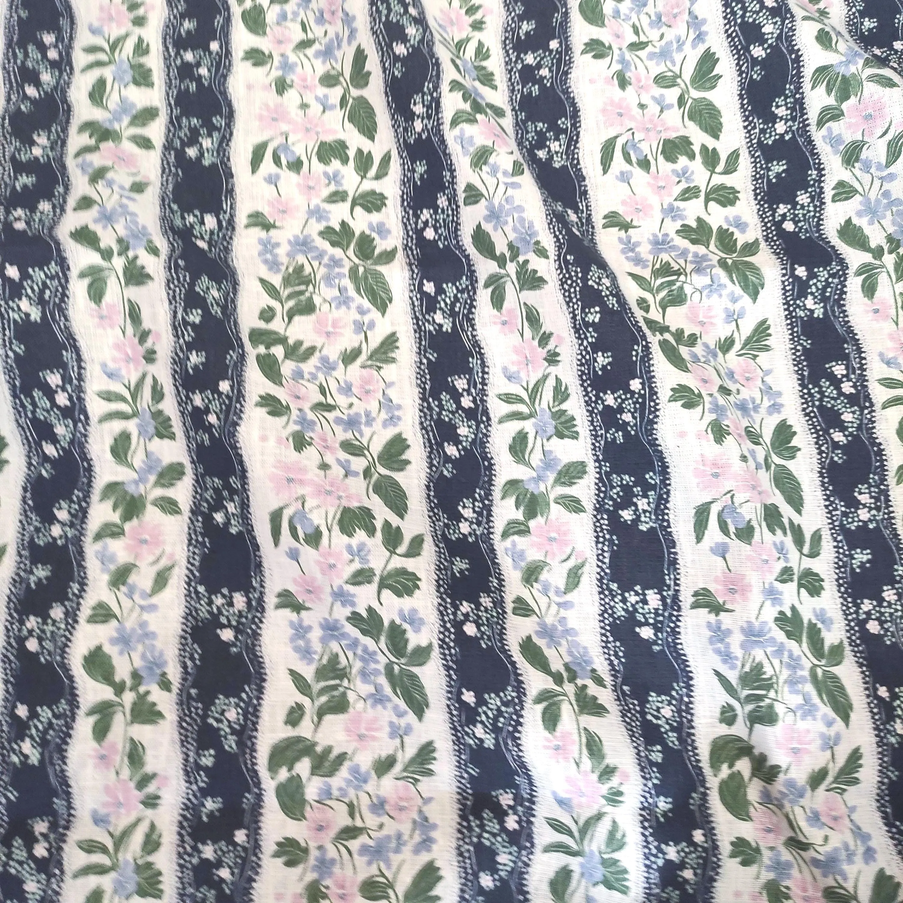 100% LINEN Fabric floral navy blue stripe print - 2202