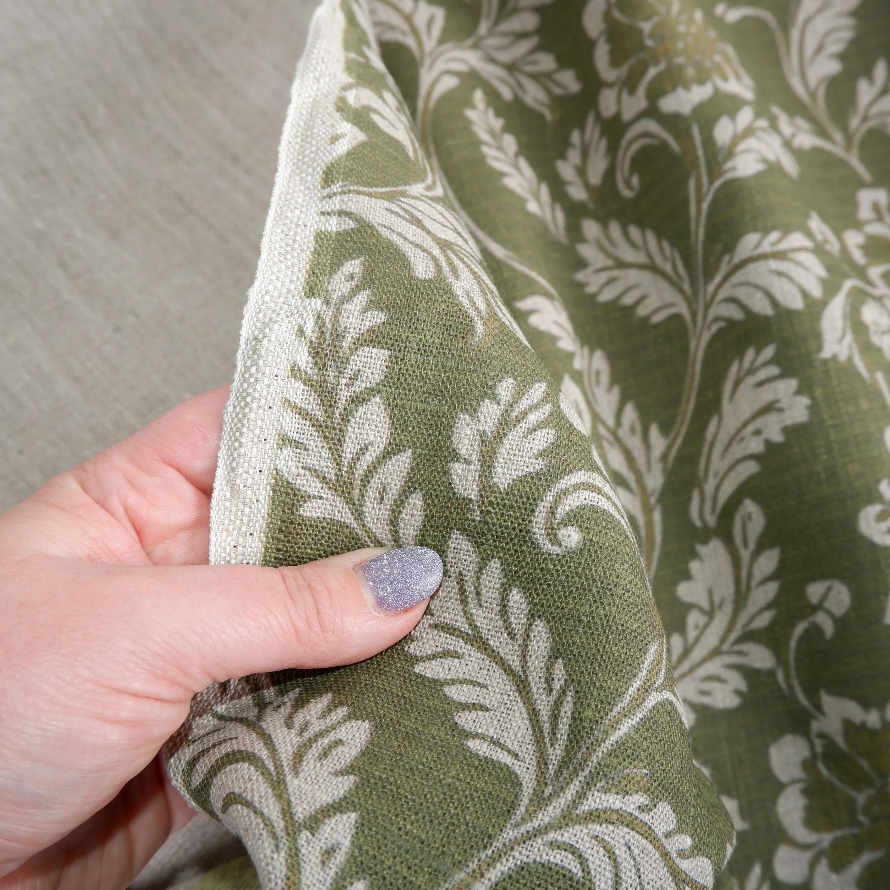 100% LINEN Fabric green floral block print on oatmeal 2257