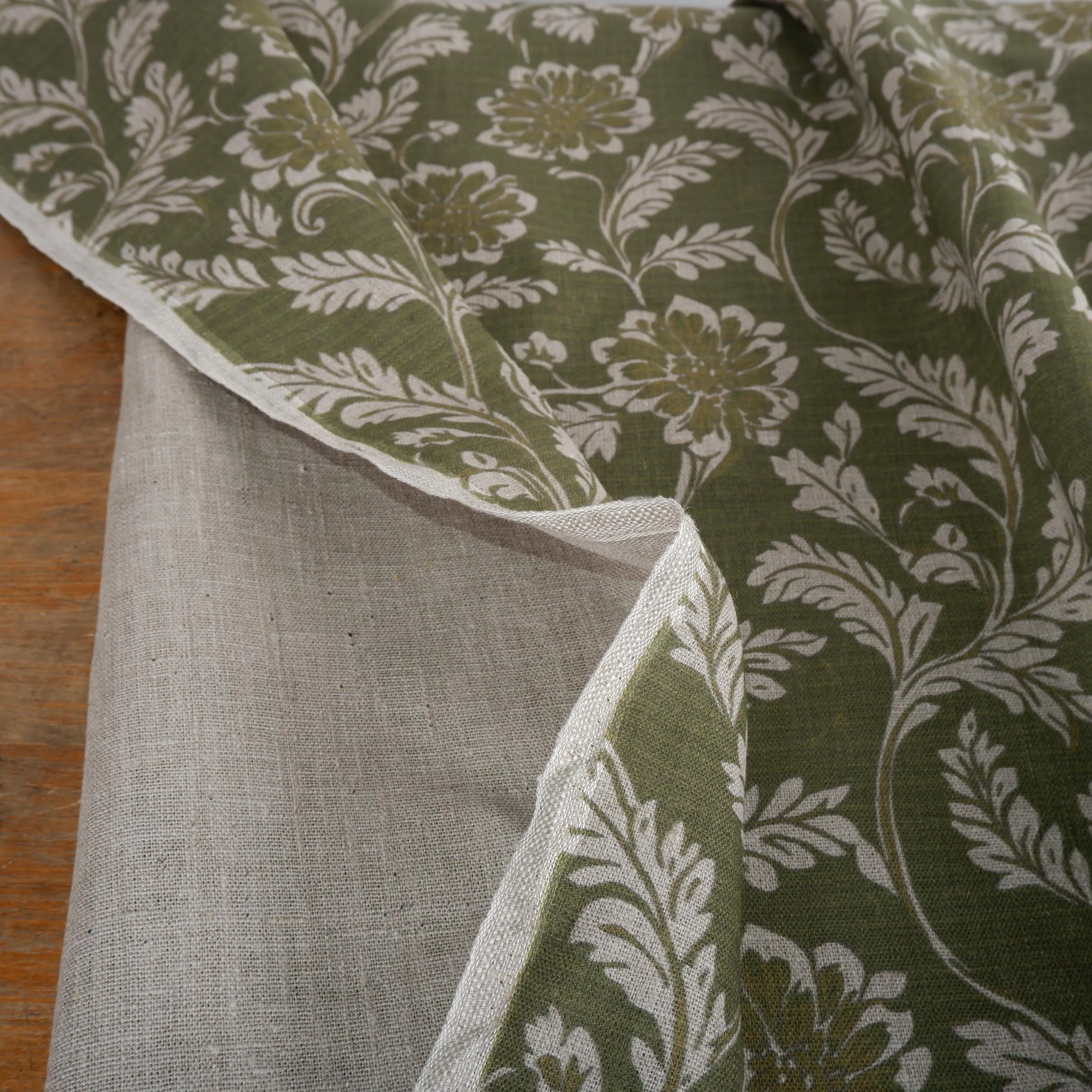 100% LINEN Fabric green floral block print on oatmeal 2257