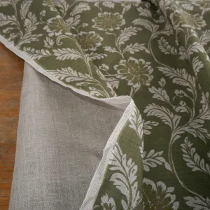 100% LINEN Fabric green floral block print on oatmeal 2257