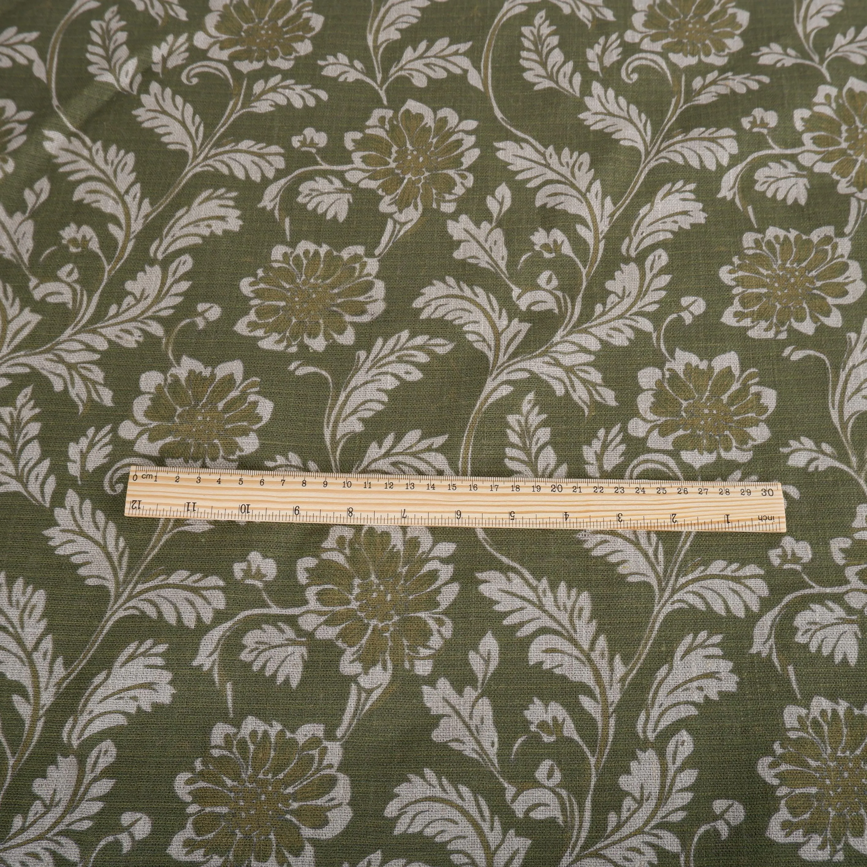 100% LINEN Fabric green floral block print on oatmeal 2257