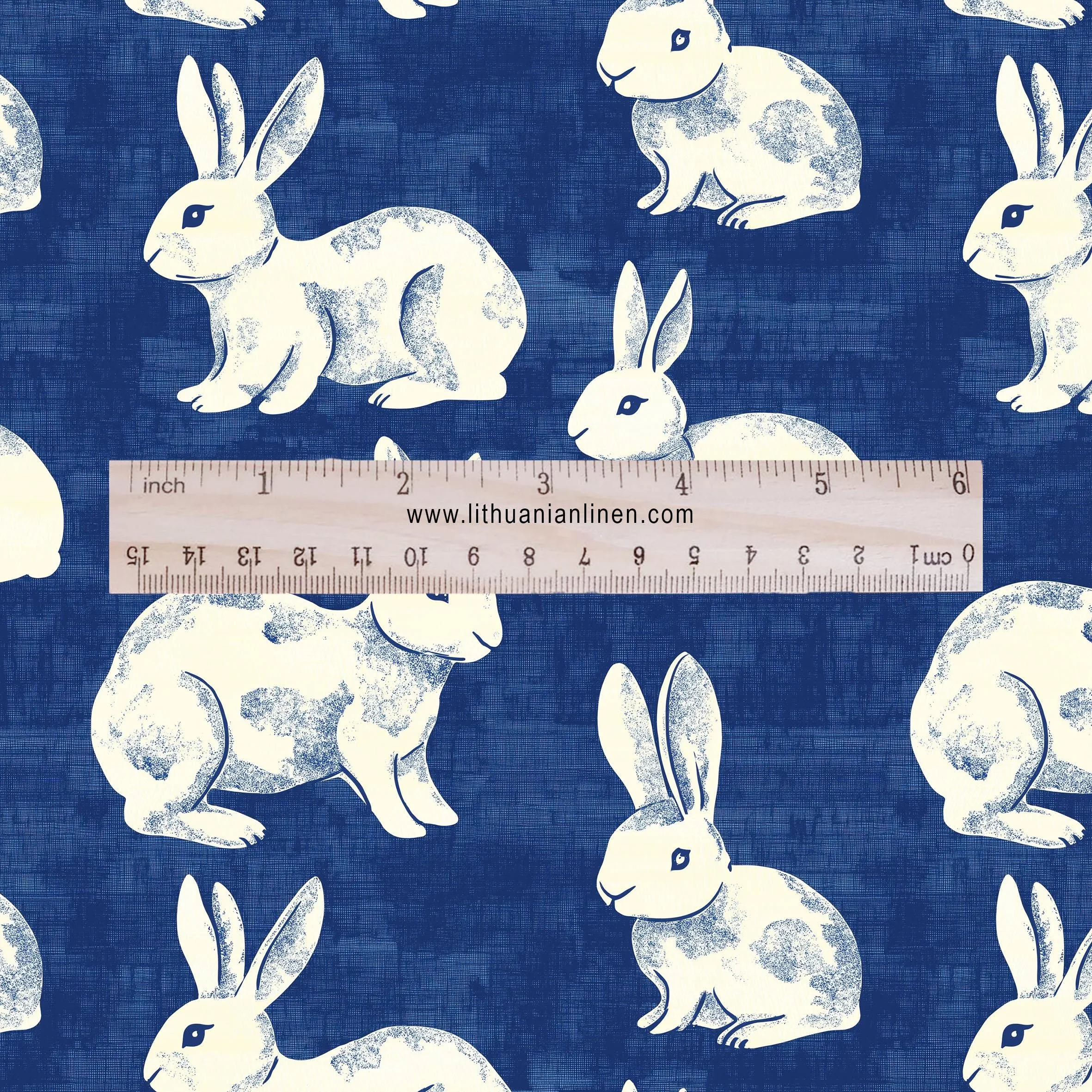100% LINEN Fabric Rabbit indigo blue print - bunny 2175