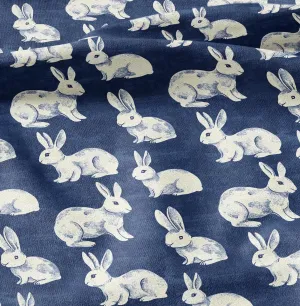 100% LINEN Fabric Rabbit indigo blue print - bunny 2175