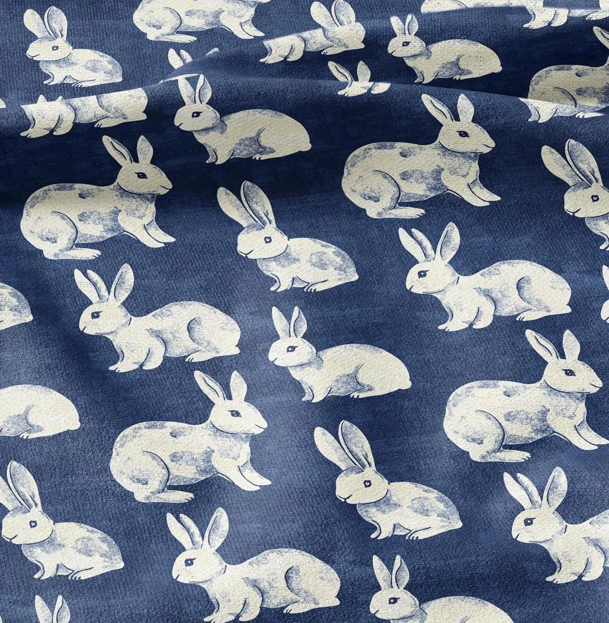 100% LINEN Fabric Rabbit indigo blue print - bunny 2175