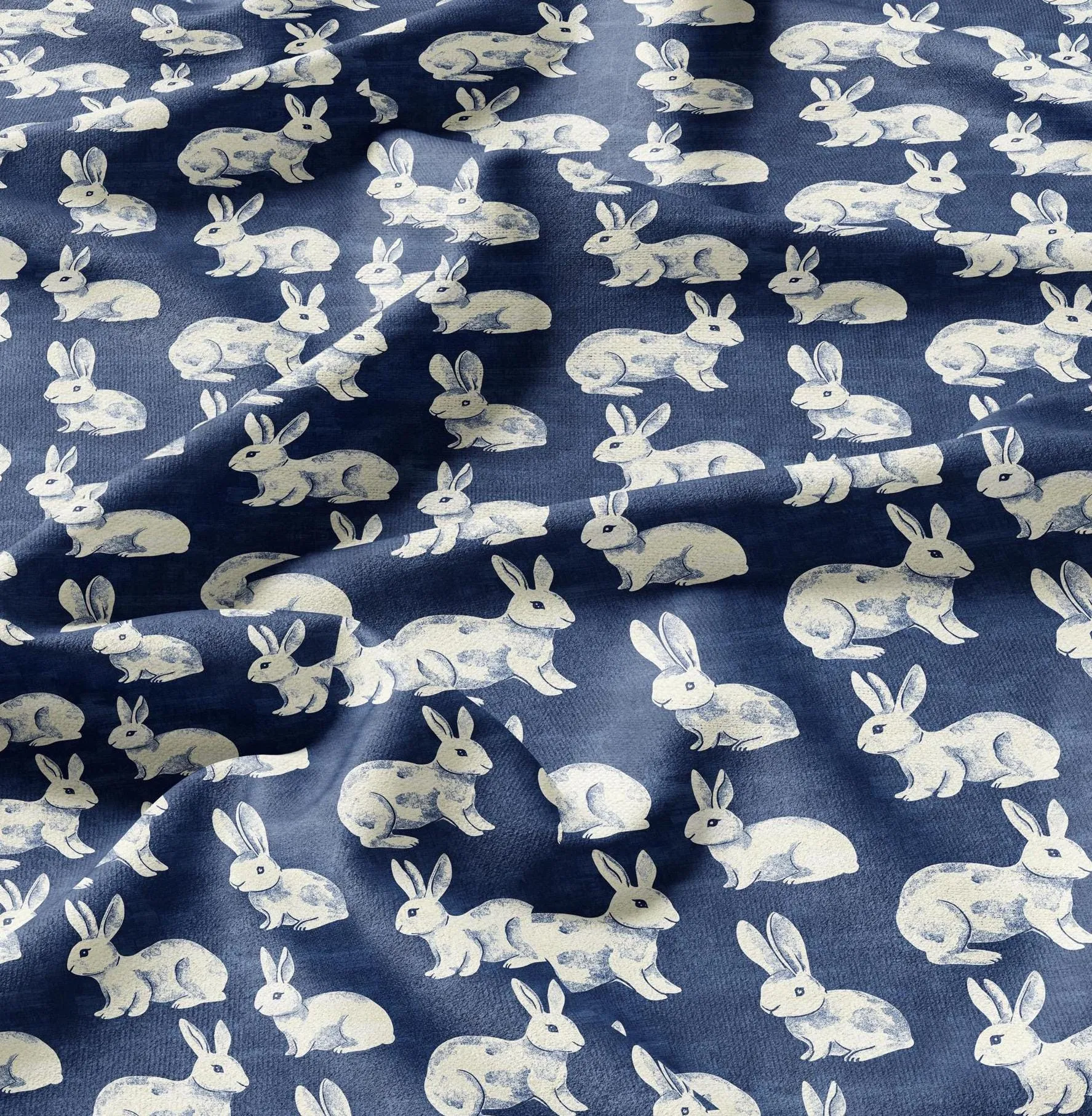 100% LINEN Fabric Rabbit indigo blue print - bunny 2175