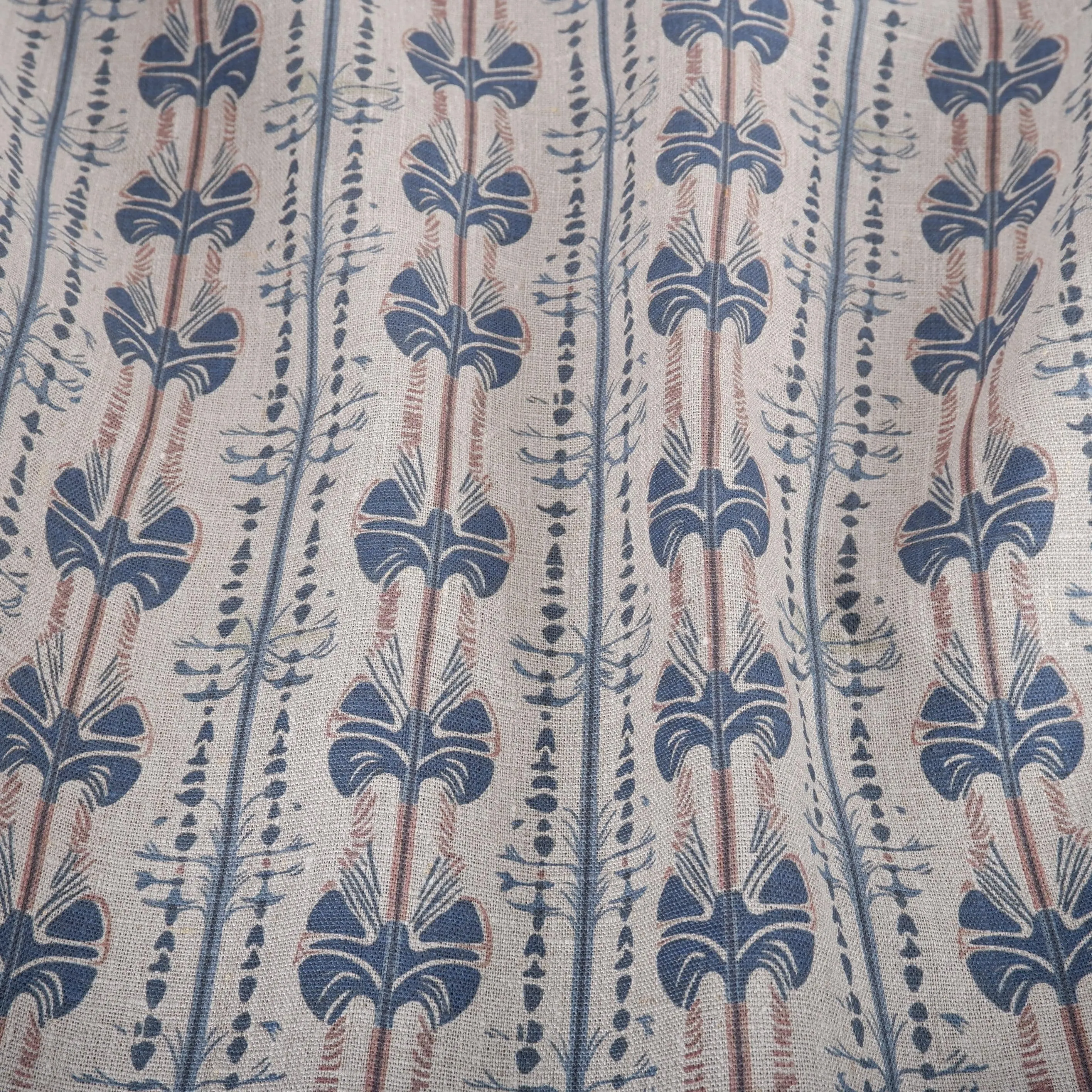 100% LINEN Fabric Stripe abstract blue red grey block print 2237