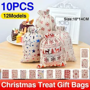 10Pcs Christmas Cookie Candy Treat Gift Bags Xmas Party Wrapping Drawstring Bag