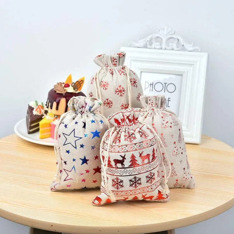 10Pcs Christmas Cookie Candy Treat Gift Bags Xmas Party Wrapping Drawstring Bag