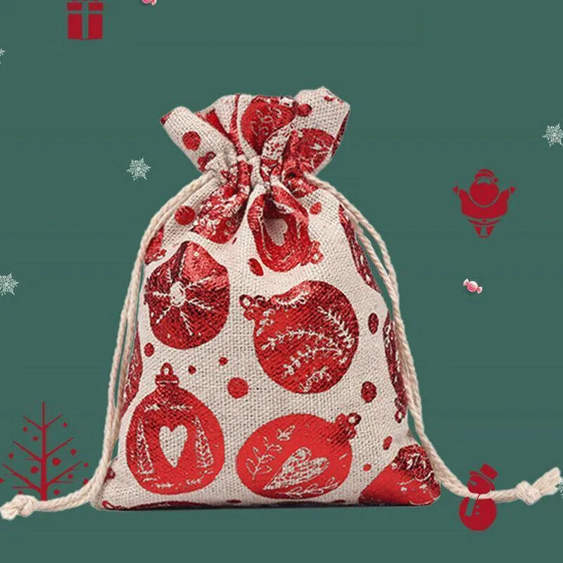 10Pcs Christmas Cookie Candy Treat Gift Bags Xmas Party Wrapping Drawstring Bag