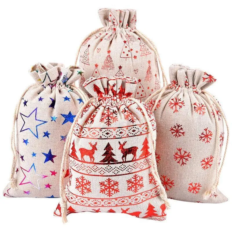 10Pcs Christmas Cookie Candy Treat Gift Bags Xmas Party Wrapping Drawstring Bag