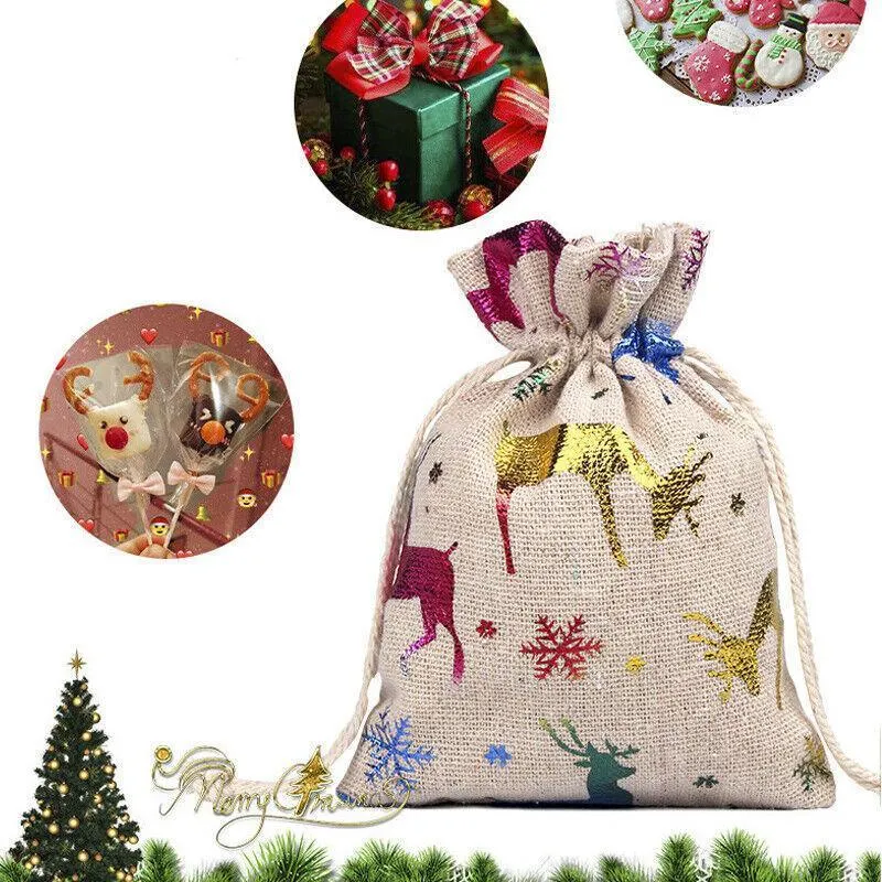 10Pcs Christmas Cookie Candy Treat Gift Bags Xmas Party Wrapping Drawstring Bag