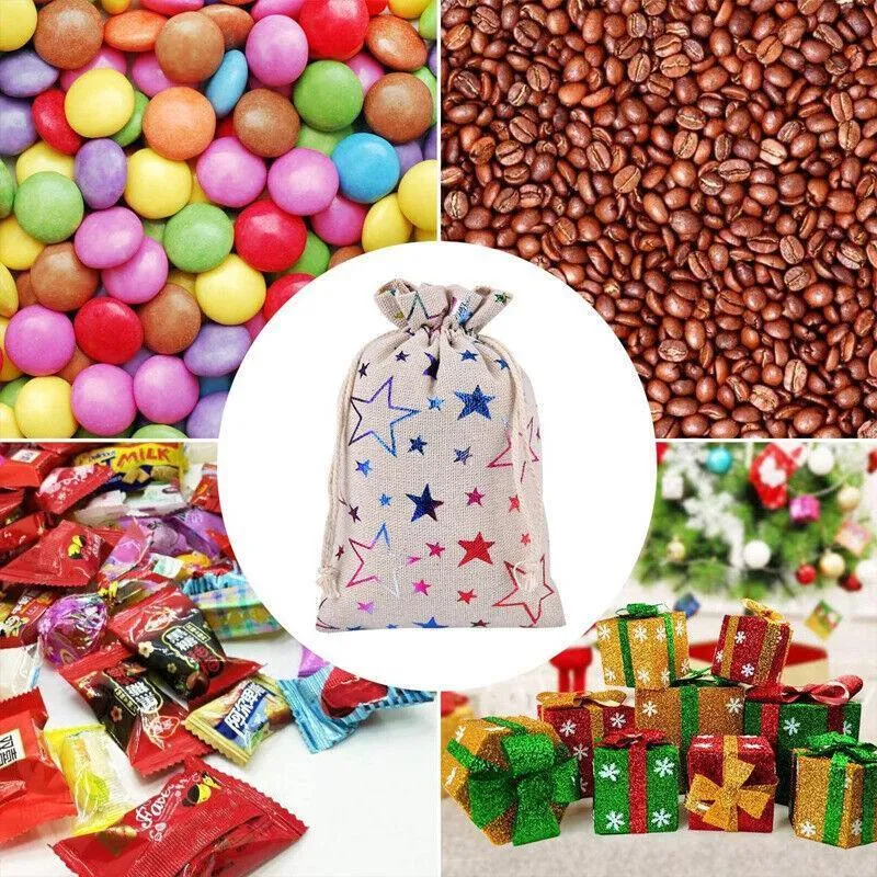 10Pcs Christmas Cookie Candy Treat Gift Bags Xmas Party Wrapping Drawstring Bag