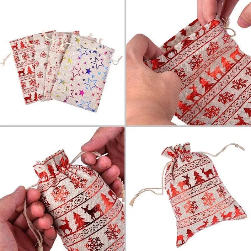 10Pcs Christmas Cookie Candy Treat Gift Bags Xmas Party Wrapping Drawstring Bag