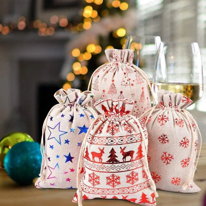 10Pcs Christmas Cookie Candy Treat Gift Bags Xmas Party Wrapping Drawstring Bag