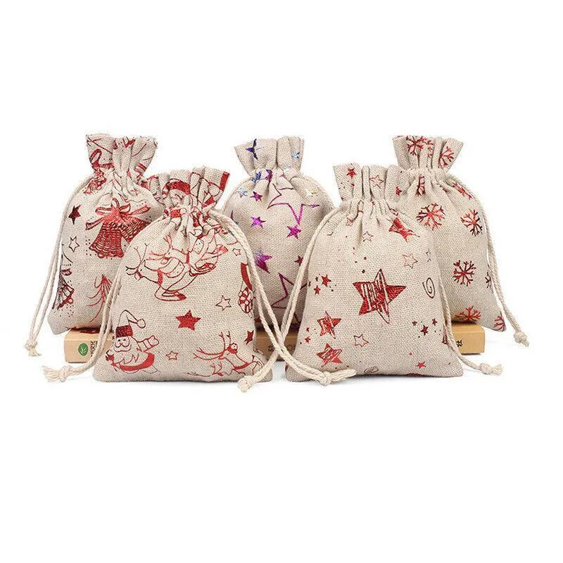 10Pcs Christmas Cookie Candy Treat Gift Bags Xmas Party Wrapping Drawstring Bag