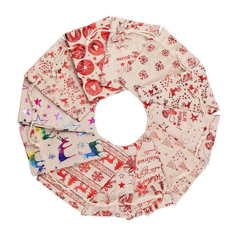 10Pcs Christmas Cookie Candy Treat Gift Bags Xmas Party Wrapping Drawstring Bag