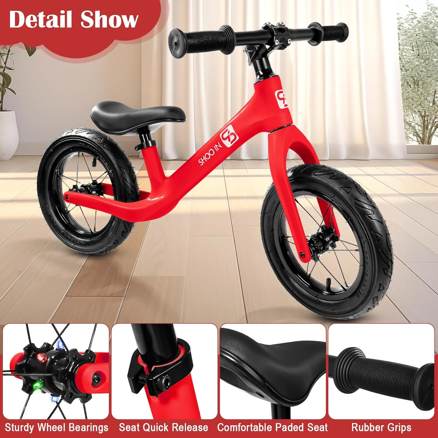 12" Balance Bike for 2 3 4 5 Year Old, No Pedal Balance Bike with Lightweight Nylon Frame, Air Filled Tires, Adjustable Seat, Colorful Light-Up Wheels, Gift Bike for Boys Girls
