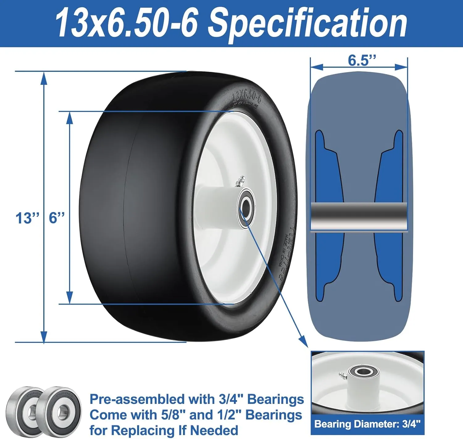 13x6.50-6 Lawn Mower Tires, 13x6.50-6 Tires Flat Free Zero Turn Front Tires with 3/4", 5/8" and 1/2" Bearings, 5.5"- 7.5" Centered Hub, Compatible with Lawn Mower Garden Tractor - 2Pack