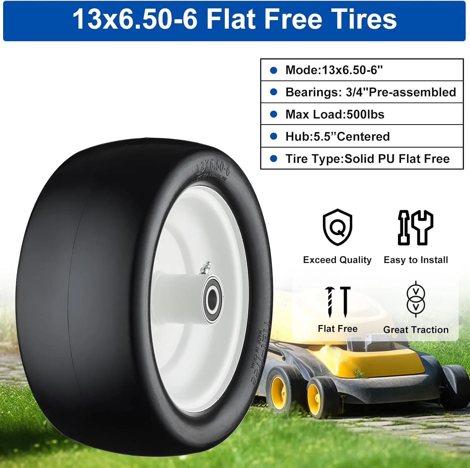 13x6.50-6 Lawn Mower Tires, 13x6.50-6 Tires Flat Free Zero Turn Front Tires with 3/4", 5/8" and 1/2" Bearings, 5.5"- 7.5" Centered Hub, Compatible with Lawn Mower Garden Tractor - 2Pack
