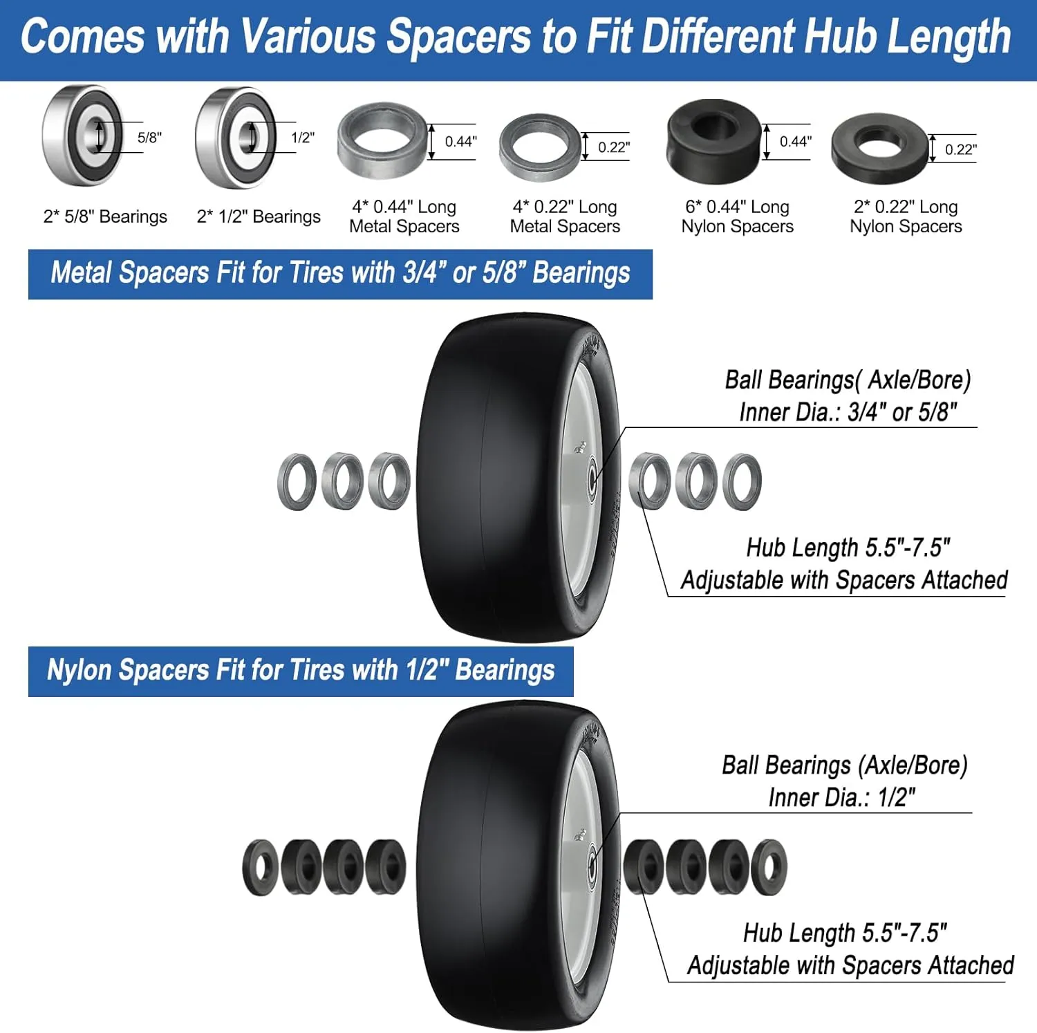 13x6.50-6 Lawn Mower Tires, 13x6.50-6 Tires Flat Free Zero Turn Front Tires with 3/4", 5/8" and 1/2" Bearings, 5.5"- 7.5" Centered Hub, Compatible with Lawn Mower Garden Tractor - 2Pack