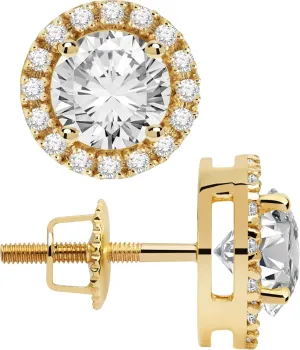 14K Solid Gold Stud Earrings | Round, Oval, Cushion, Pear & Emerald "Halo" Cubic Zirconia | Screw Back Posts | 1.20 CTW to 2.7 CTW | With Gift Box