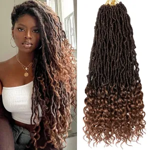 18 Inch New Faux Locs Crochet Hair With Curly Ends 7 Packs Goddess Locs Wavy Soft Locs Pre-looped Ombre Brown Bohemian Nu Locs Synthetic Crochet Braiding Hair for Women (12Strands/pack T30#)