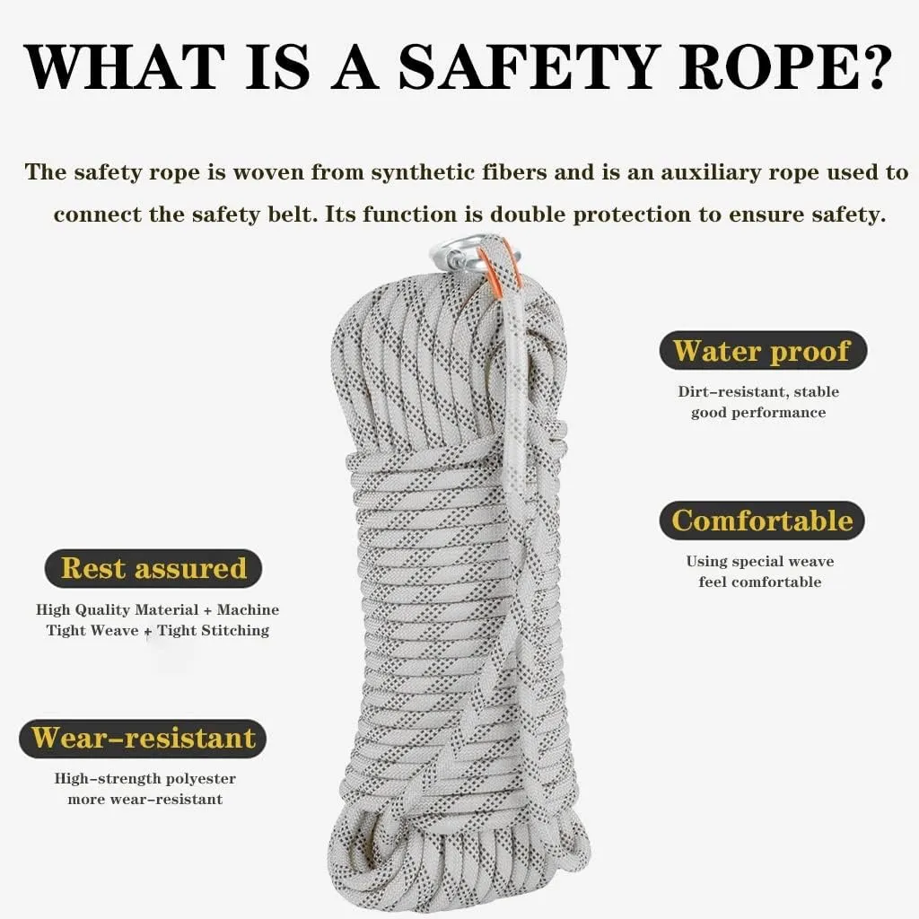 18mm Safety Rope, Professional Nylon Safety Rope with Carabiner, Carrying Weight 3100kg, Climbing Harness, for Hiking, Mountaineering,Camping, Caving (Color : White, Size : 18mm x 30m)