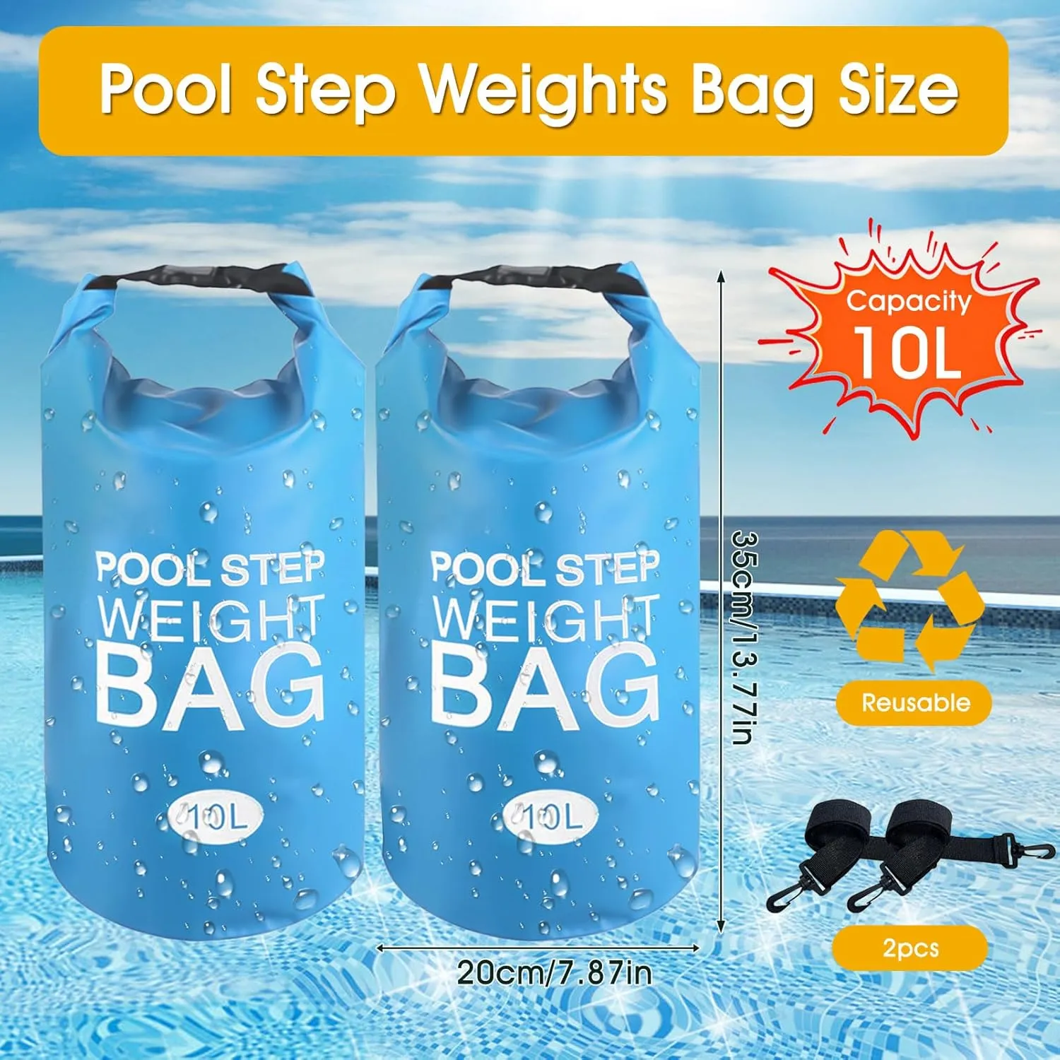 2 Pack Pool Step Weights, 500D PVC Waterproof Heavy Duty Pool Ladder Sand Bags for Weight w/Nylon Handle, 10L Universal Pool Step Weights/Pool Ladder Weights for Above Ground Pools (Sky Blue)