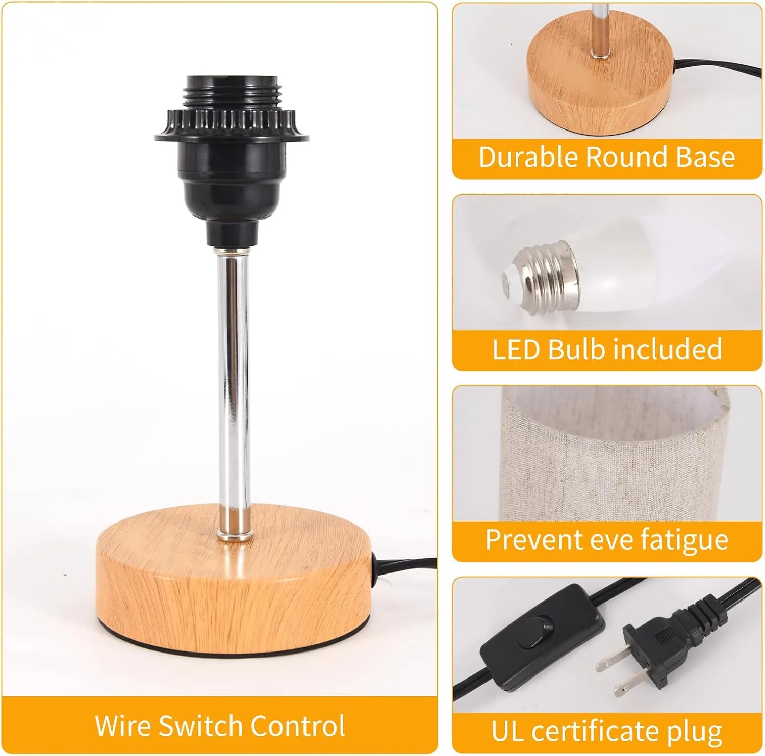 2 Pack Small Table Lamps, Bedside Lamps for Nightstand with Wire Switch, Modern Minimalist Desk Lamp with Linen Fabric Shade for Dorm Kids Room Living Room Office Bedroom, Bulb Included