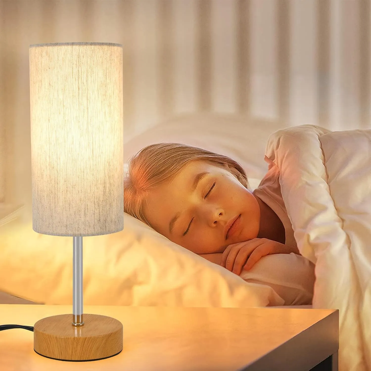 2 Pack Small Table Lamps, Bedside Lamps for Nightstand with Wire Switch, Modern Minimalist Desk Lamp with Linen Fabric Shade for Dorm Kids Room Living Room Office Bedroom, Bulb Included