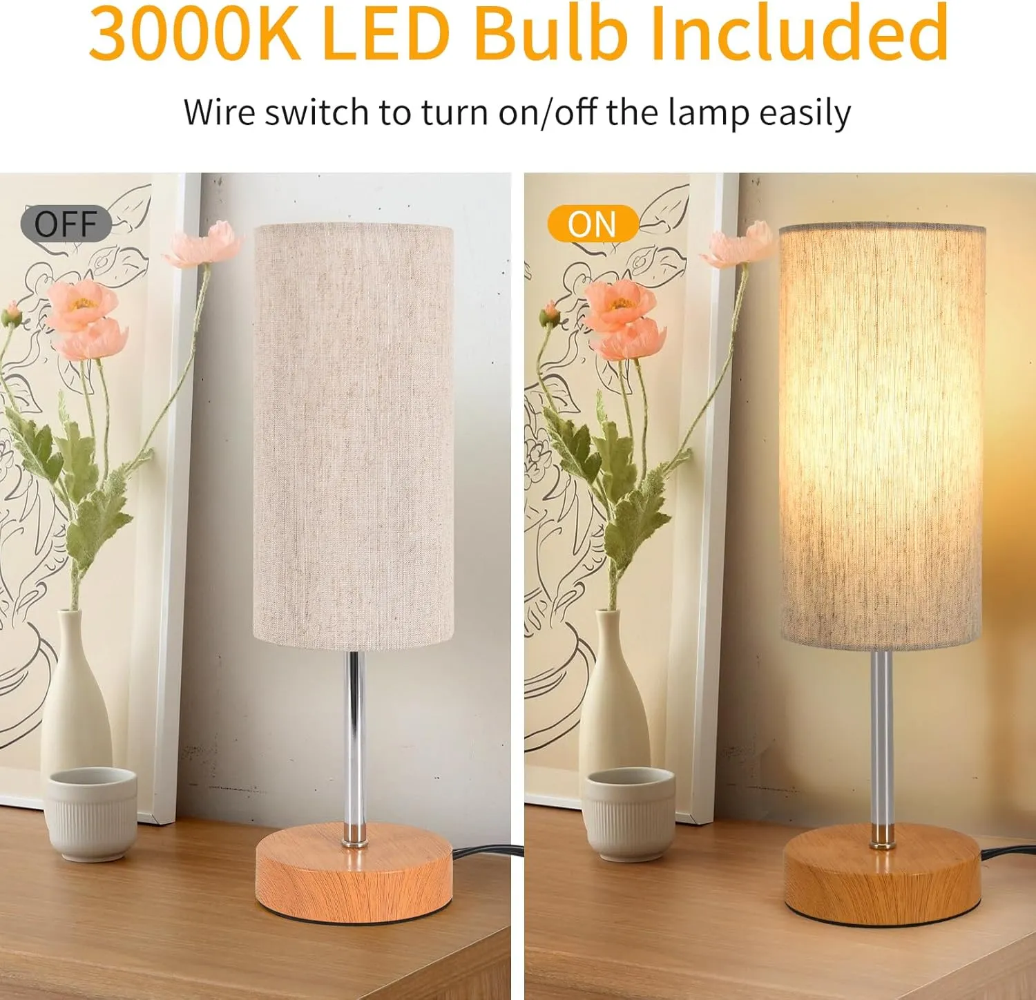 2 Pack Small Table Lamps, Bedside Lamps for Nightstand with Wire Switch, Modern Minimalist Desk Lamp with Linen Fabric Shade for Dorm Kids Room Living Room Office Bedroom, Bulb Included