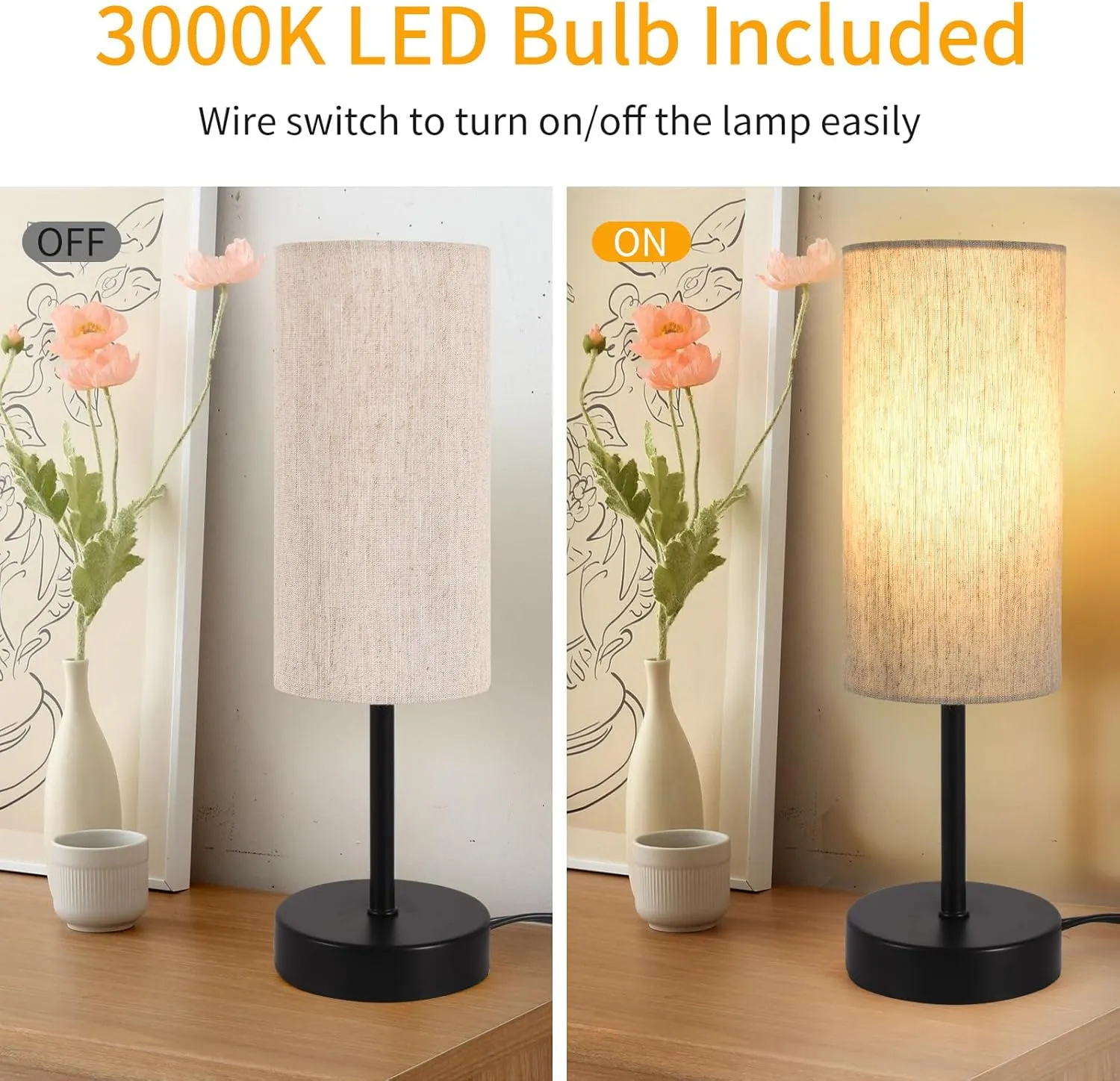 2 Pack Small Table Lamps for Bedroom, Bedside Lamps for Nightstand with Wire Switch, Minimalist Modern Desk Lamps with Linen Fabric Shade for Kids Room Living Room Office Dorm, Bulb Included