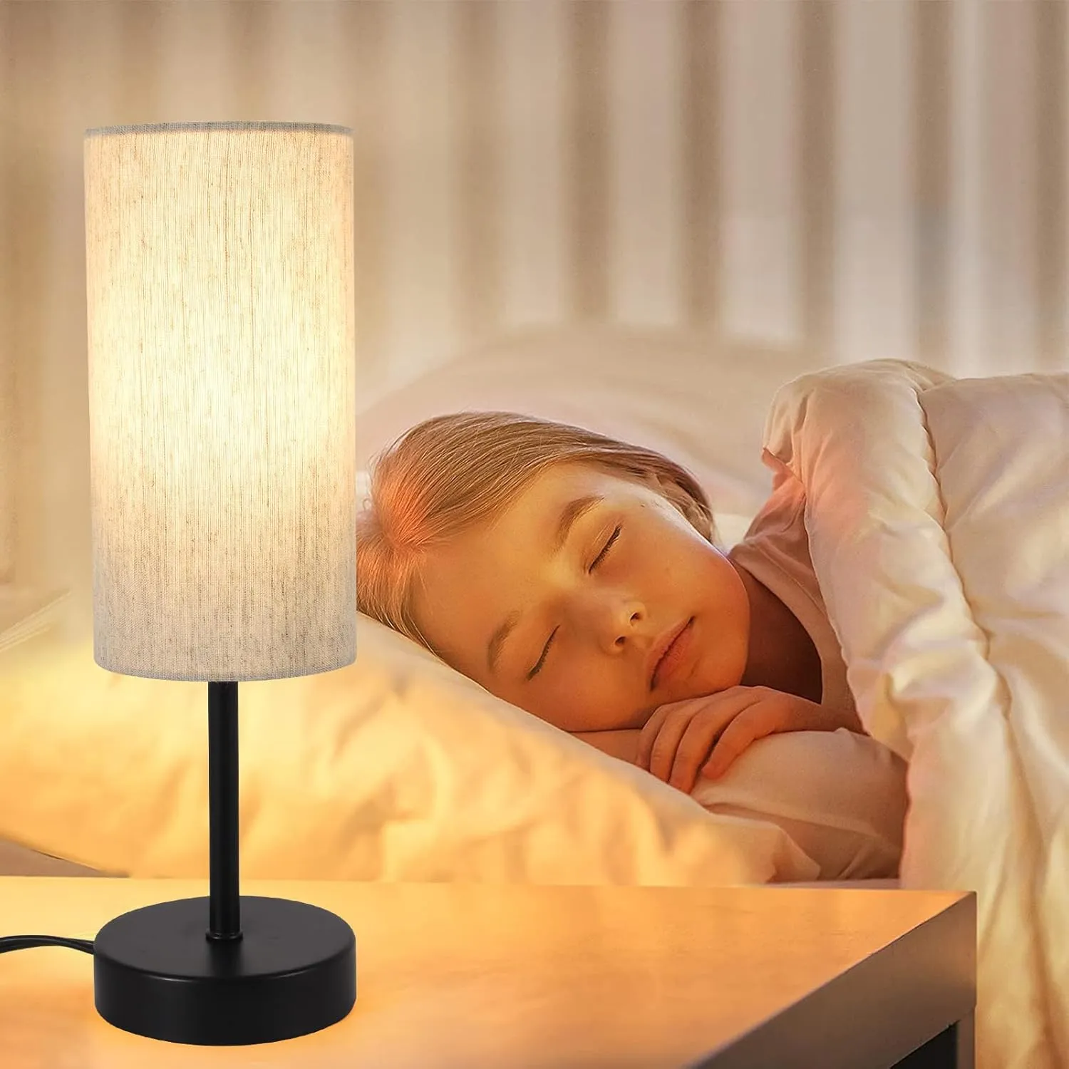 2 Pack Small Table Lamps for Bedroom, Bedside Lamps for Nightstand with Wire Switch, Minimalist Modern Desk Lamps with Linen Fabric Shade for Kids Room Living Room Office Dorm, Bulb Included