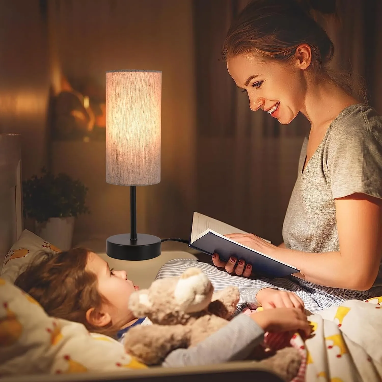 2 Pack Small Table Lamps for Bedroom, Bedside Lamps for Nightstand with Wire Switch, Minimalist Modern Desk Lamps with Linen Fabric Shade for Kids Room Living Room Office Dorm, Bulb Included
