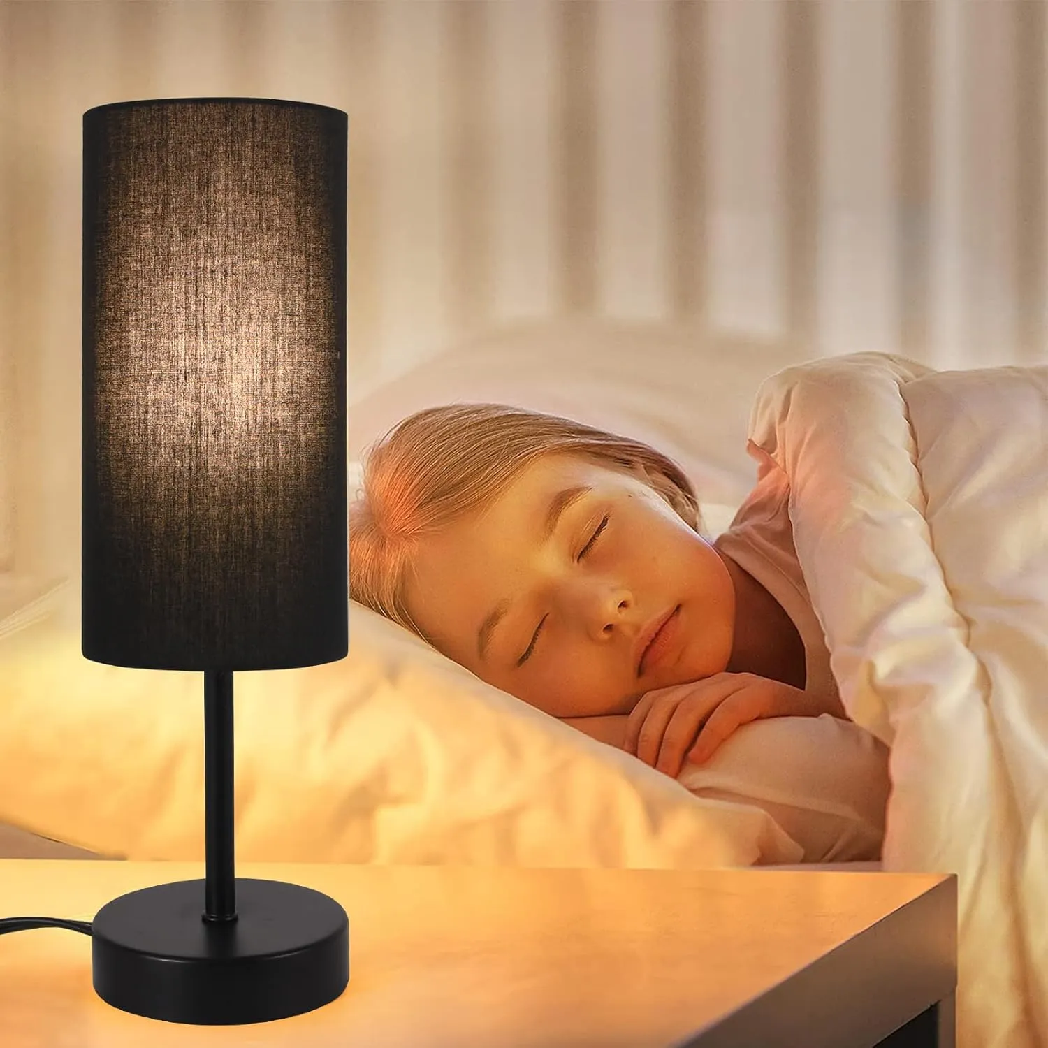 2 Pack Table Lamp for Bedroom, Bedside Lamps for Nightstand with Wire Switch, Minimalist Desk Lamps with Linen Fabric Shade for Kids Room Living Room Office Dorm, Bulb Included