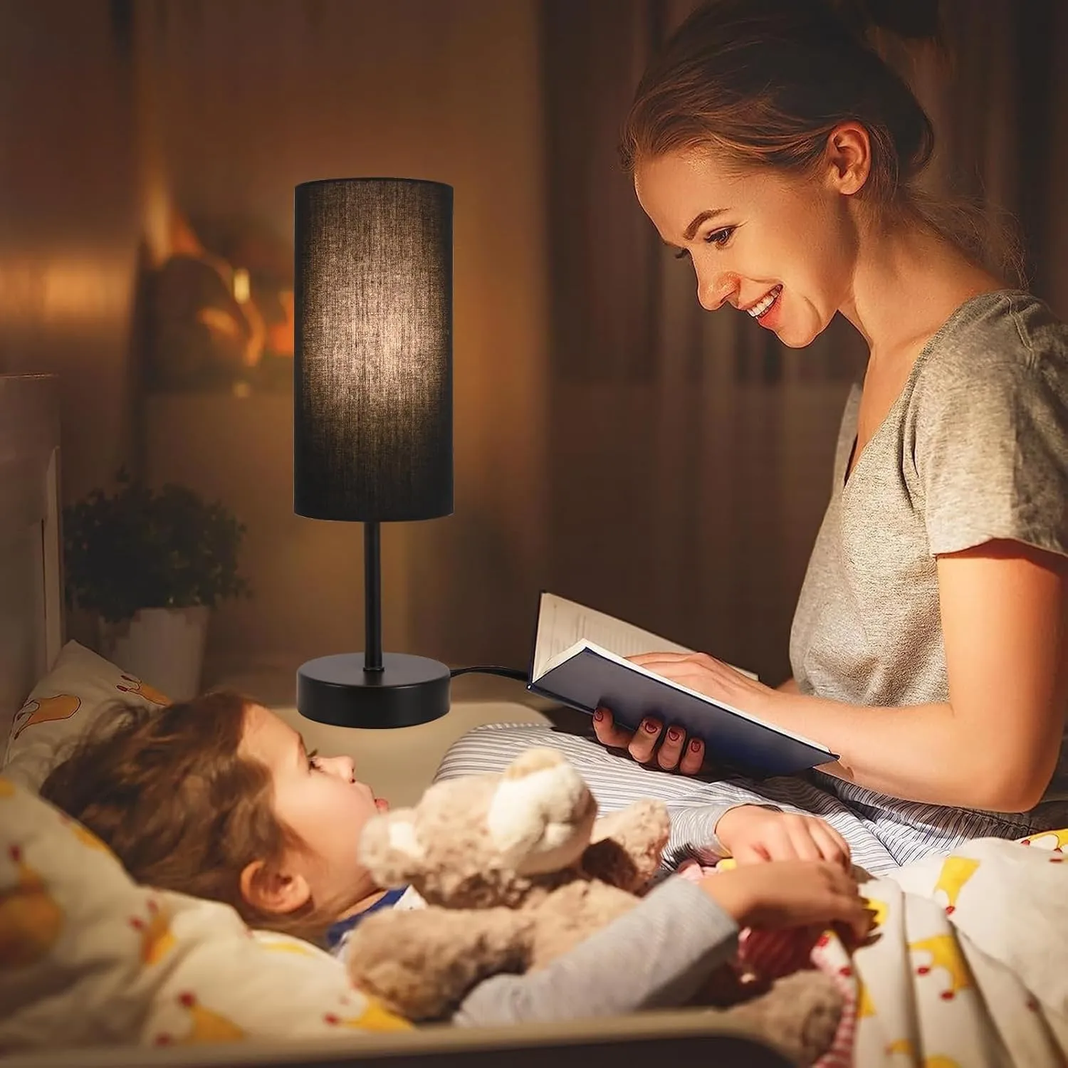 2 Pack Table Lamp for Bedroom, Bedside Lamps for Nightstand with Wire Switch, Minimalist Desk Lamps with Linen Fabric Shade for Kids Room Living Room Office Dorm, Bulb Included