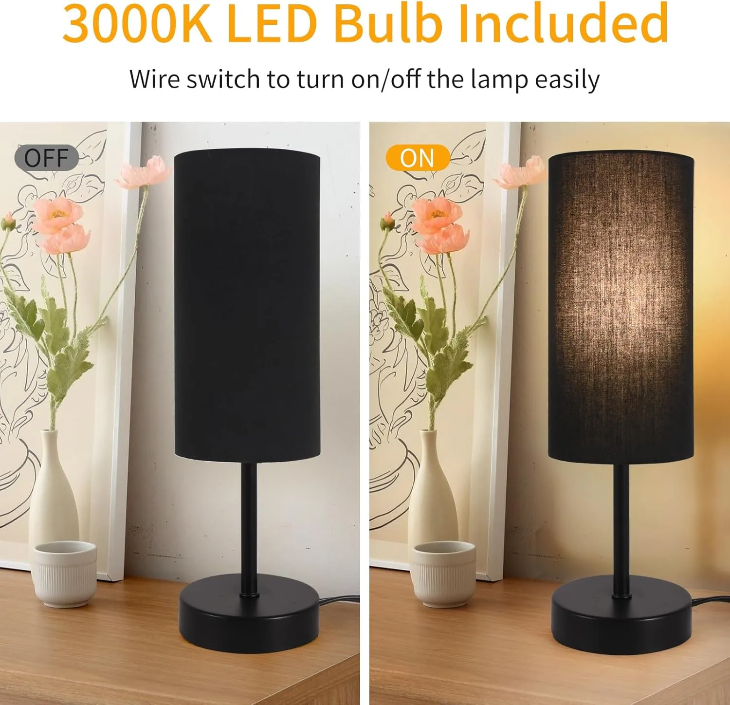 2 Pack Table Lamp for Bedroom, Bedside Lamps for Nightstand with Wire Switch, Minimalist Desk Lamps with Linen Fabric Shade for Kids Room Living Room Office Dorm, Bulb Included