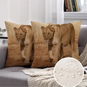 2 Packs Outdoor Waterproof Decorative Throw Pillow Covers 20x20 Inch African Female Lion Walks Across Dirt Toad Animals Wildlife Africa Aggressive Angry Beautiful Big Cushion Case for Couch Bed Sofa
