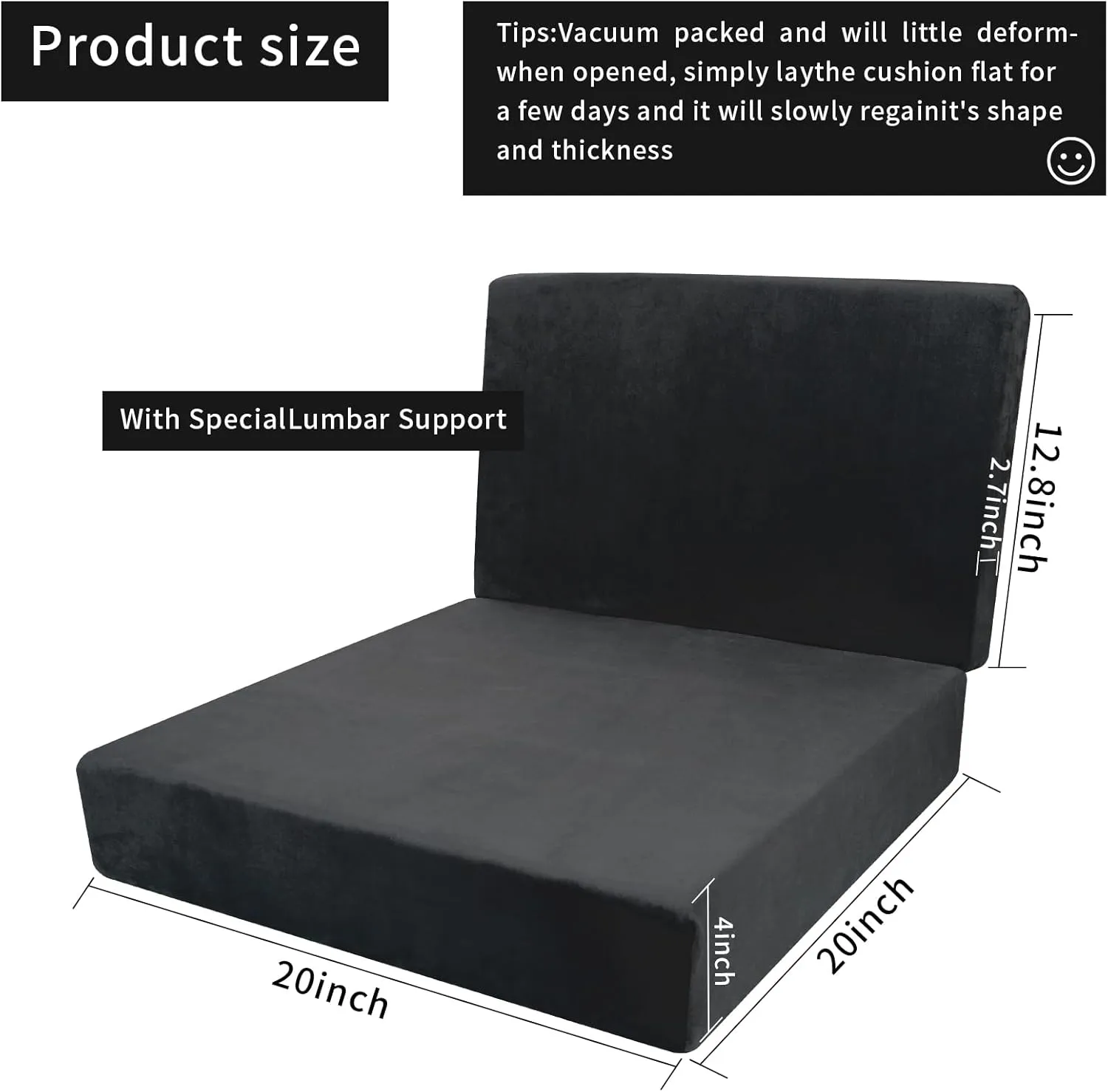 20x20x4 Inch Recliner Cushions for Elderly, Black Memory Foam Extra Large Seat Cushion, Non-Slip Recliner Cushions with Back Support Cushions, Thick and Supportive Back Lumbar Support