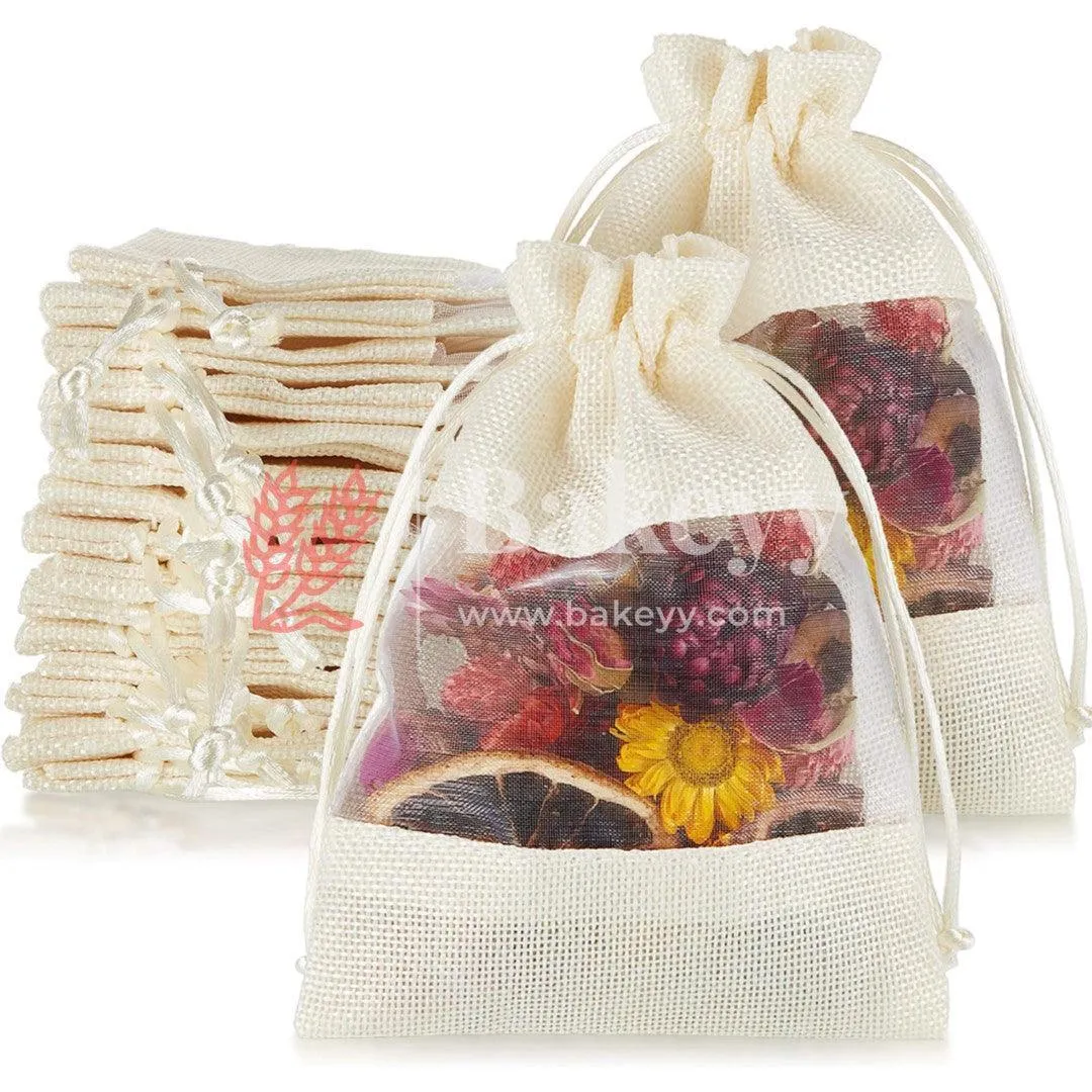 20x25 CM | Cream | Jute Potli Window Bag | Gift Return Gifts Bags| Drawstring Bags